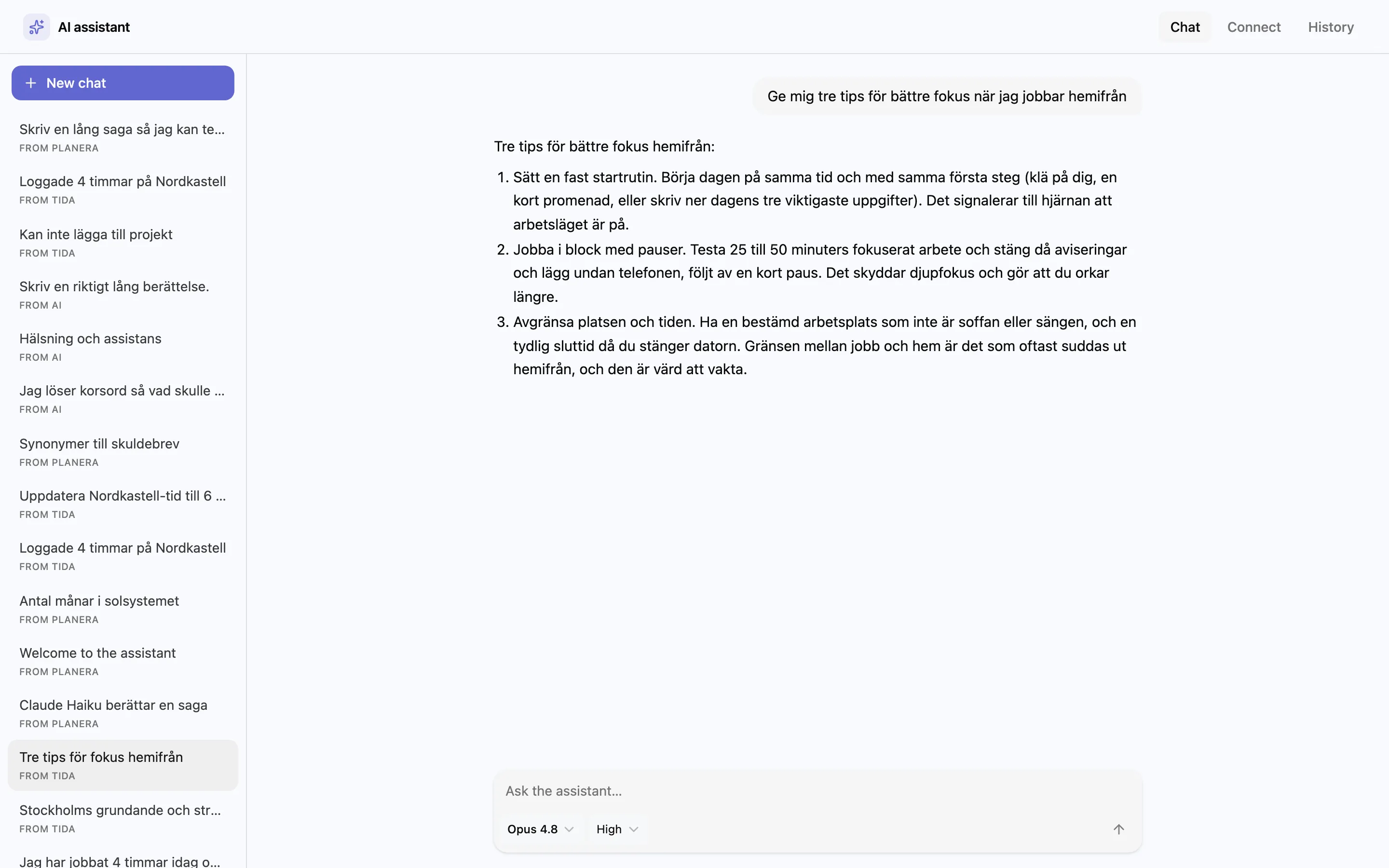 The Nordkastell AI assistant answering in a chat, with a sidebar of threads started from Planera, Tida, and chat