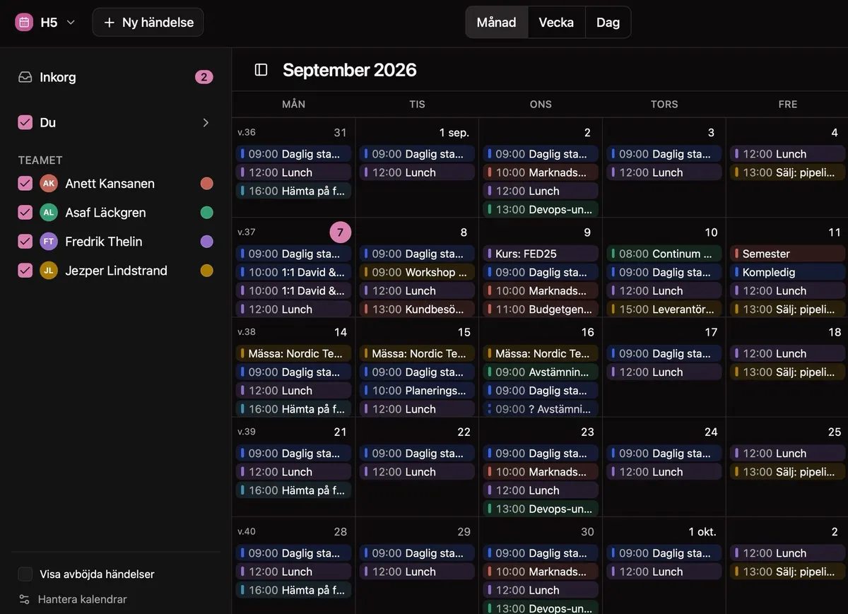 Alma's month view for September 2026, crowded with colour-coded events from the whole team. The sidebar lists four colleagues under the heading TEAMET, each with their own colour.