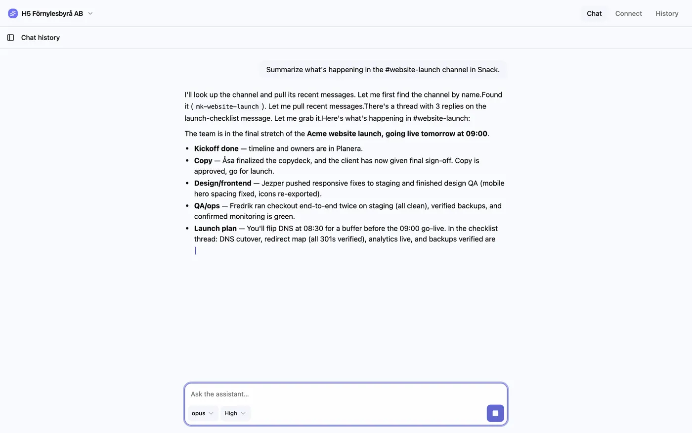 Reda summarizing a Snack channel about a website launch, in a chat window