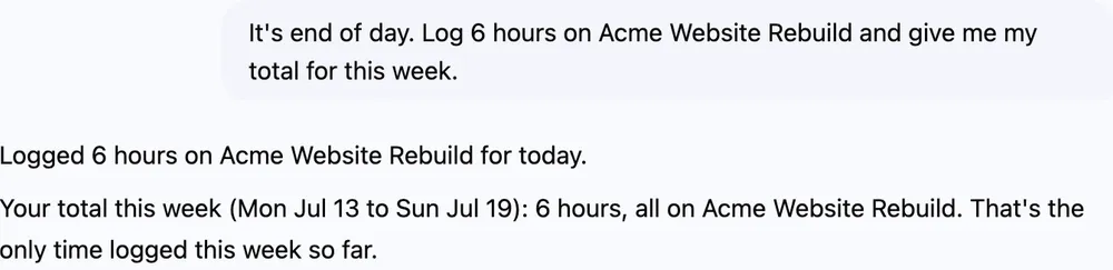 Reda logging hours to Tida and returning a weekly total