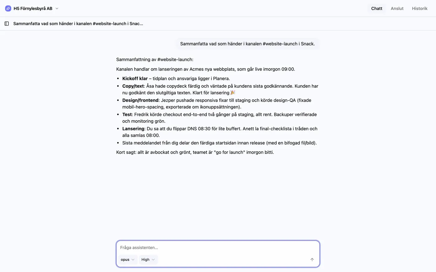 Reda sammanfattar en Snack-kanal om en webblansering, i ett chattfönster