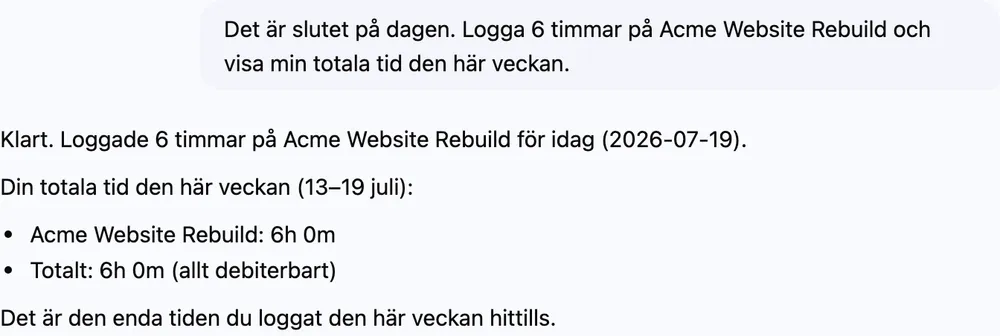 Reda loggar timmar i Tida och ger tillbaka en veckosumma