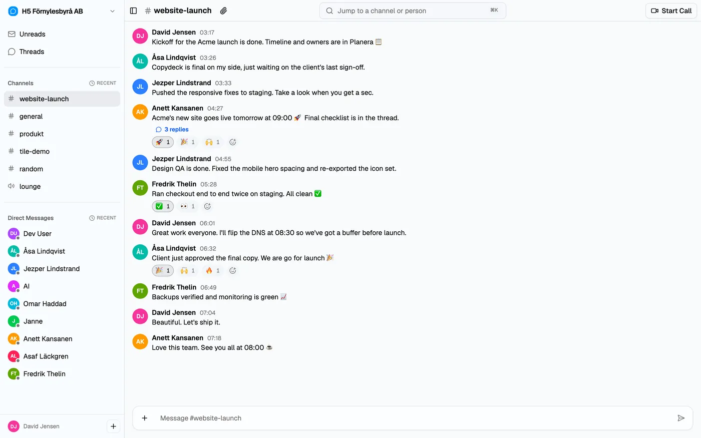 A Snack channel where a team coordinates a website launch, with reactions and a thread