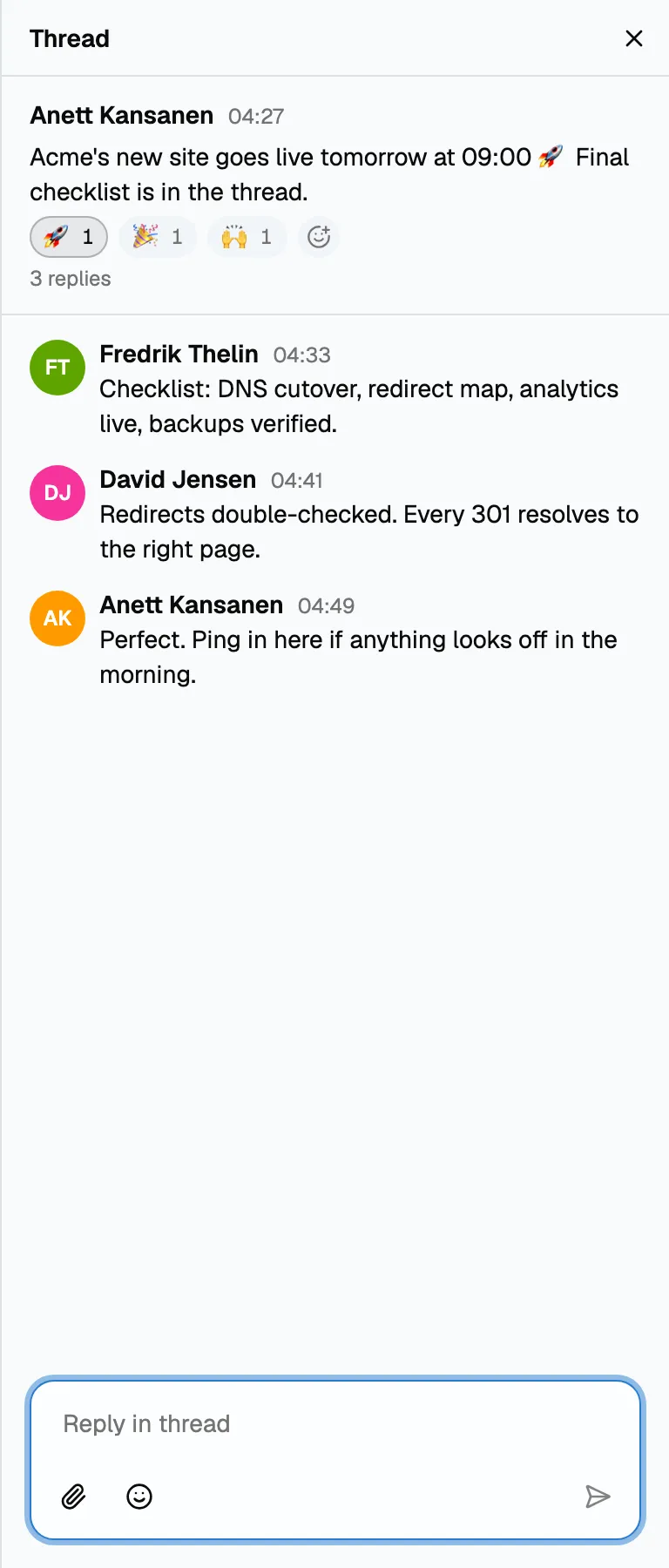 A Snack thread panel showing replies and reactions on a launch checklist