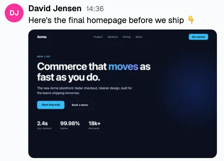 A message in Snack with a website homepage image shared inline