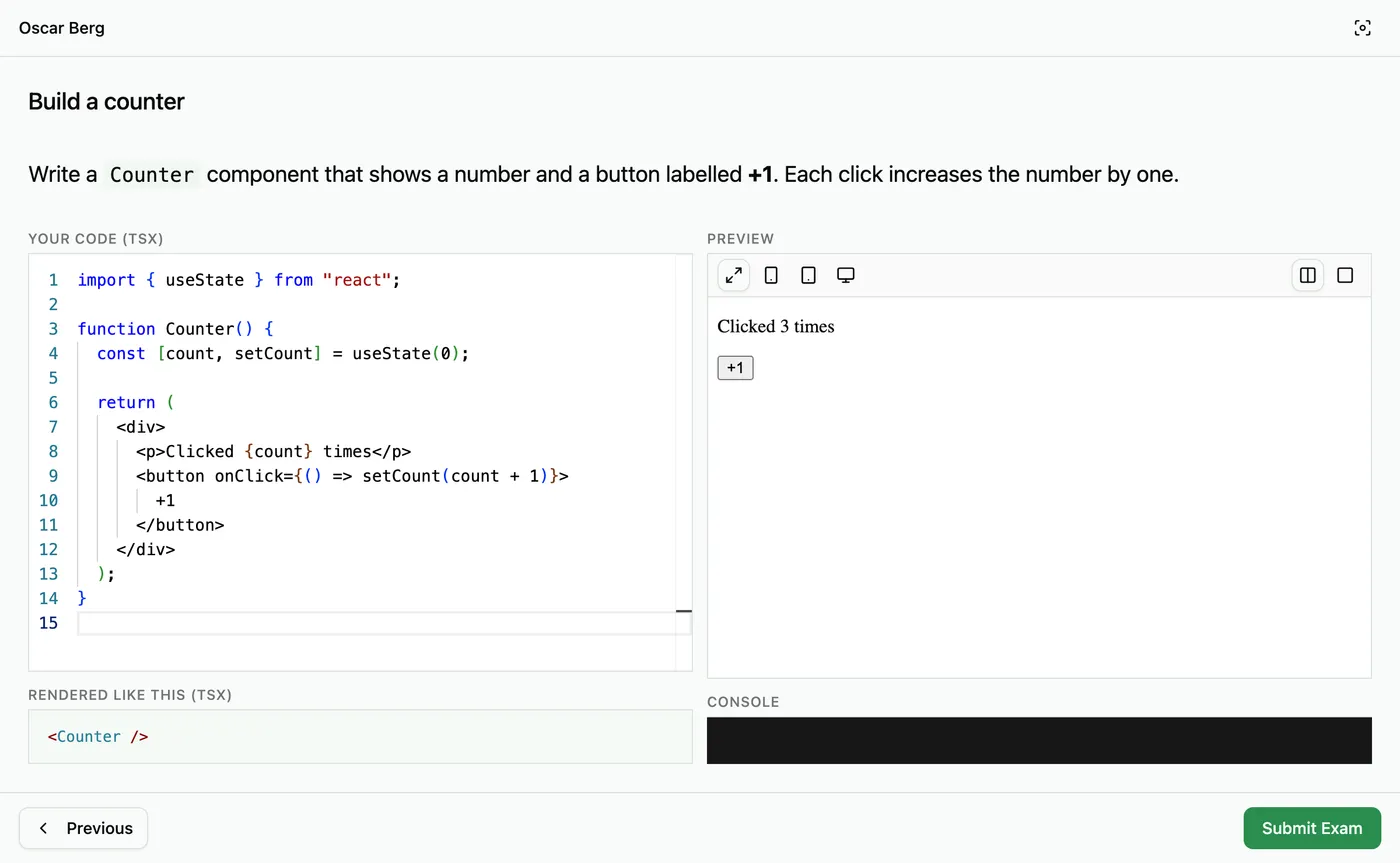 A student's code question in Tempa: the task “Build a counter”, a React Counter component written in the editor on the left, and the live preview on the right showing “Clicked 3 times” above a +1 button.