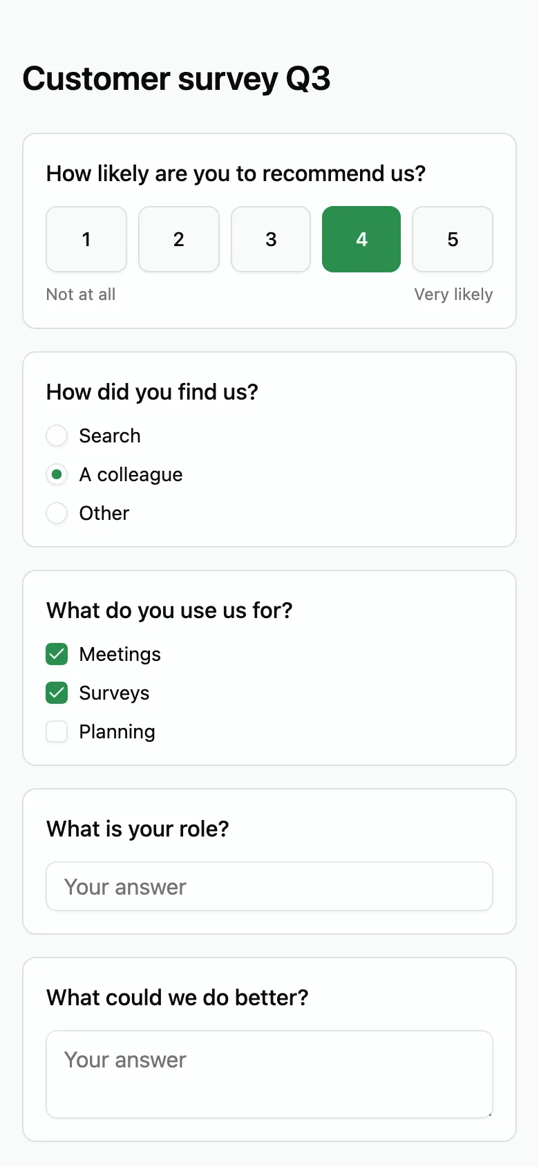A Tempa form on a phone titled Customer survey Q3: a 1 to 5 recommendation scale with 4 picked, “How did you find us?” answered with A colleague, and Meetings and Surveys ticked under “What do you use us for?”.