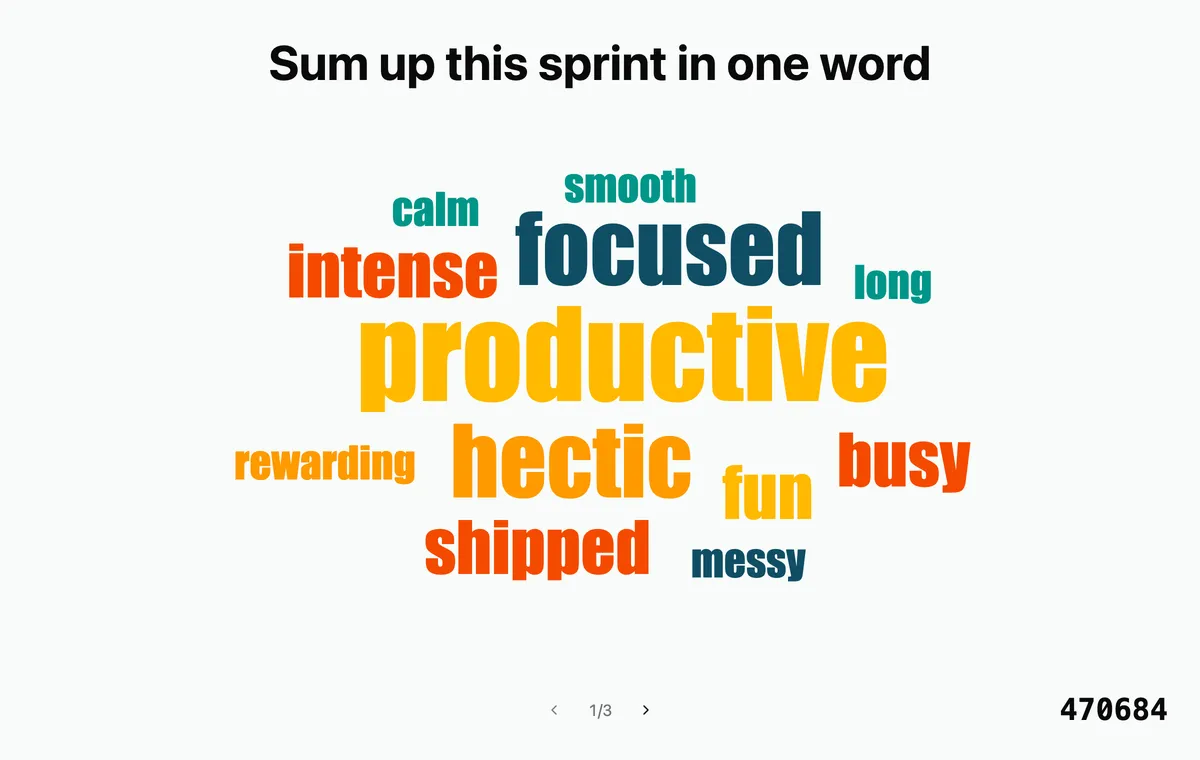 A Tempa word cloud on the presenter screen: the room sums up the sprint in one word, and the most common answers grow largest.