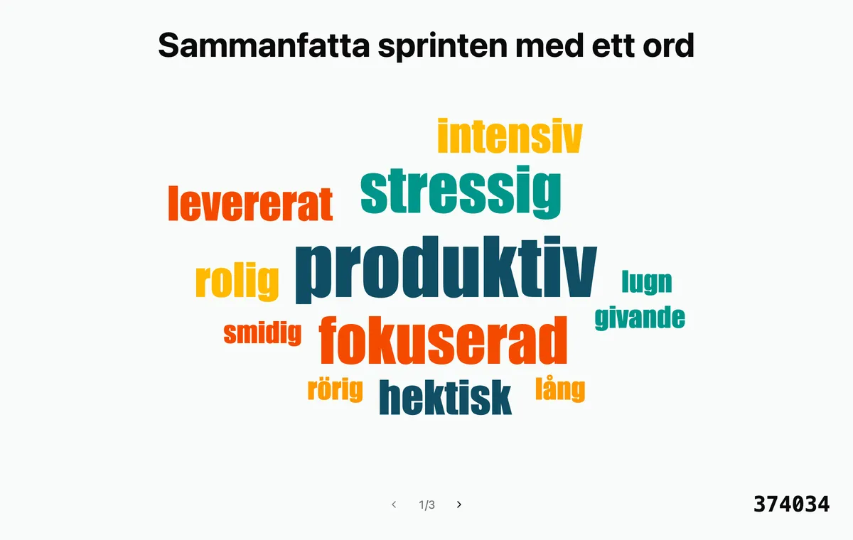 Ett ordmoln i Tempa på presentatörens skärm: rummet sammanfattar sprinten i ett ord, och de vanligaste svaren växer störst.